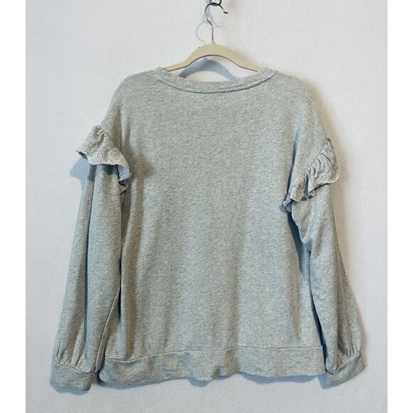 LOFT Sweater Womens Large Embroidered Ruffle Sleeve Sweatshirt Gray Cotton Boho - Picture 7 of 10